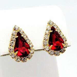 Red Teardrop & Cubic Zirconia Post Back Earrings Gold Tone Pierced Timeless
